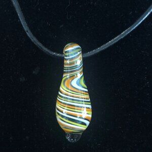 Handblown Glass Reversible Pendant Necklace Leather Orange Yellow White Blue